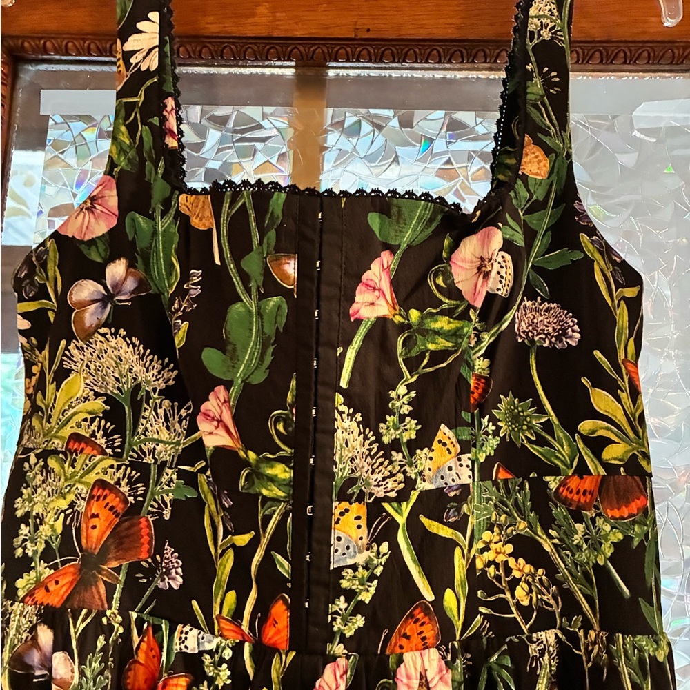 Avec Les Filles botanical butterfly midi corset black cotton flare dress size 2